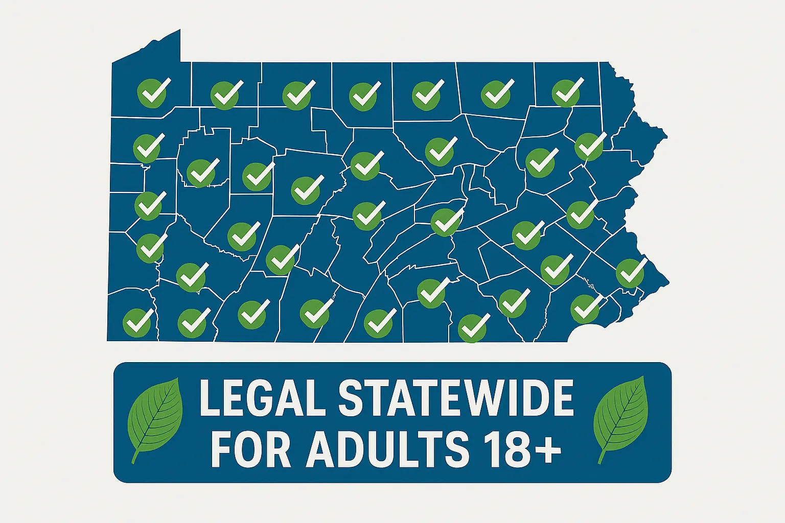 Square image (1024x1024) showing an infographic of Pennsylvania county map with green checkmarks indicating legal status, kratom leaf icons,