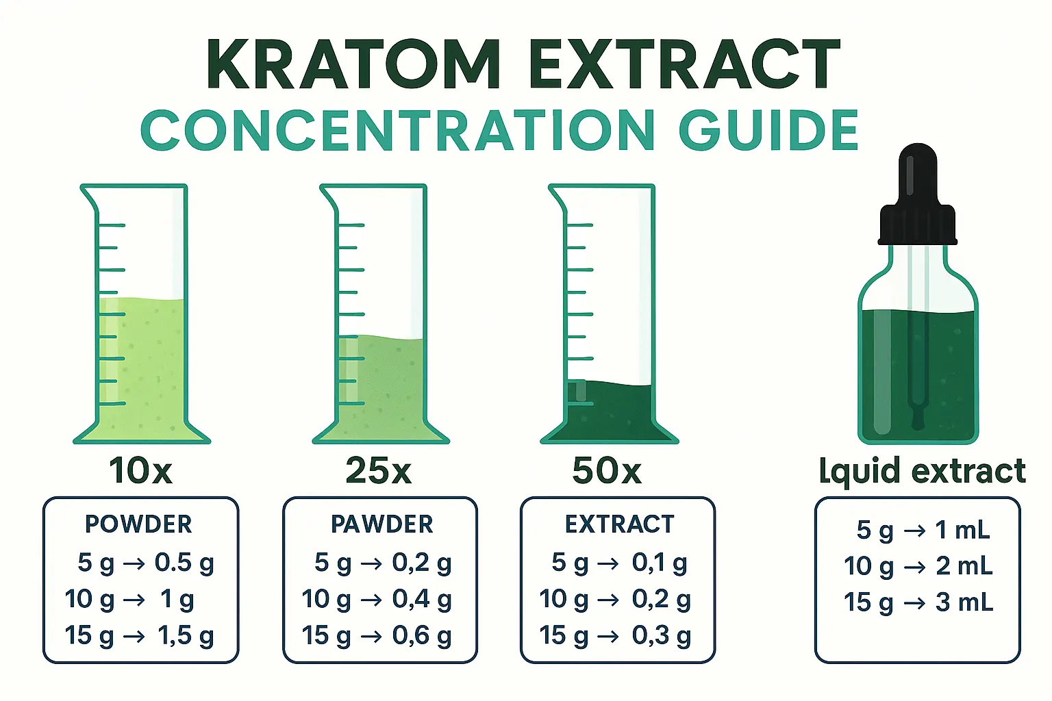 Infographic in 1536x1024 landscape format displaying "Kratom Extract Concentration Guide" with visual representations of different extract t