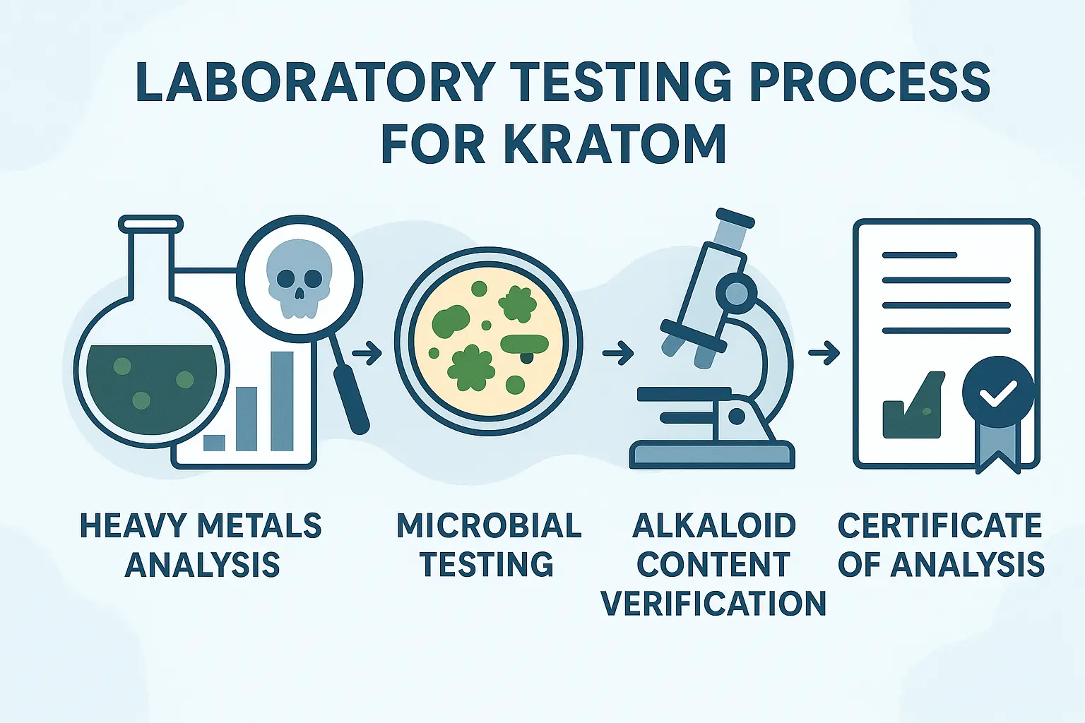 1536x1024 landscape infographic showing laboratory testing process for kratom with icons representing different testing stages: heavy metals