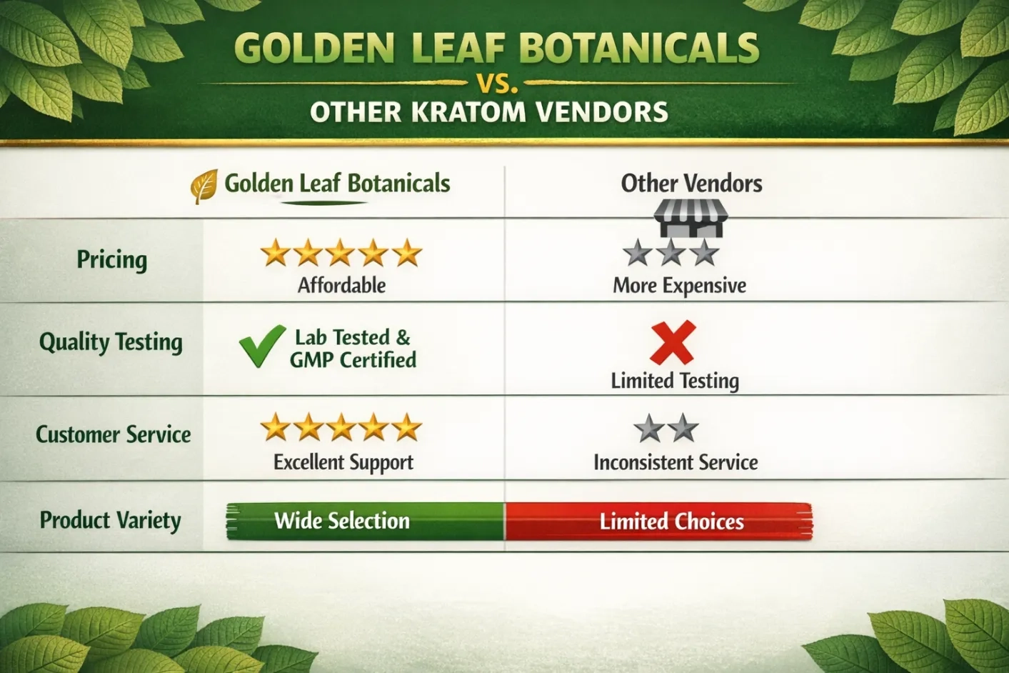 Golden Leaf Botanicals Kratom Vendor vs others